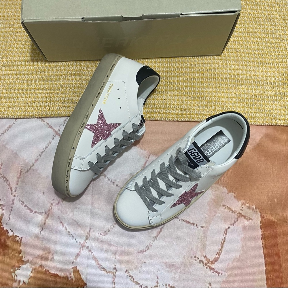 Golden Goose Style White Sneakers with Pink Glitter Star